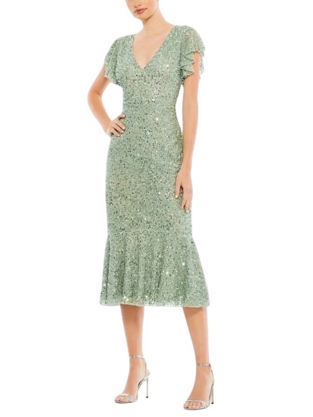 Mac Duggal Sequined V Neck Flutter Cap Sleeve Trumpet Dress #10801